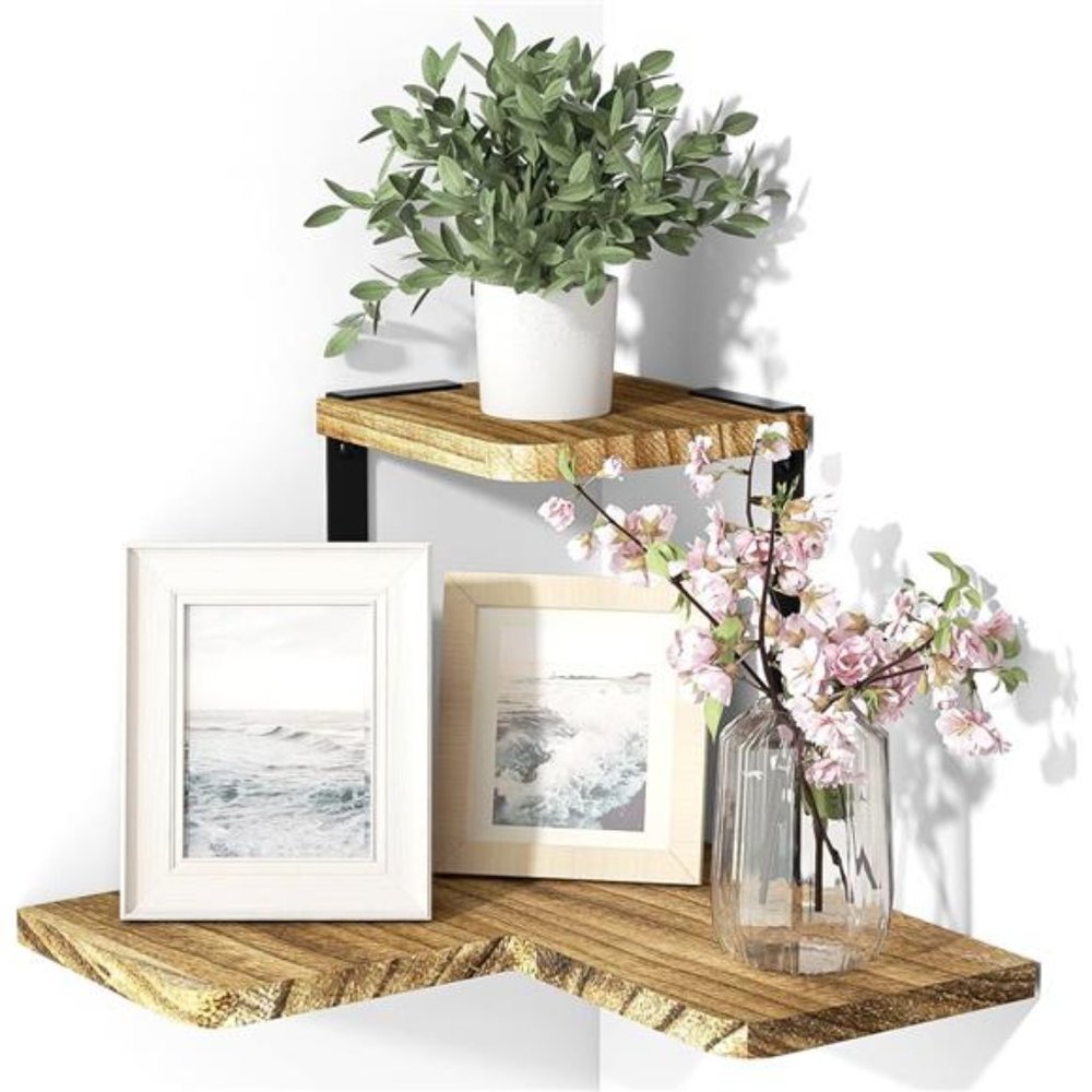 Rustic Corner Shelf, 2-Tier Wood Wall Shelf, Carbonized Black